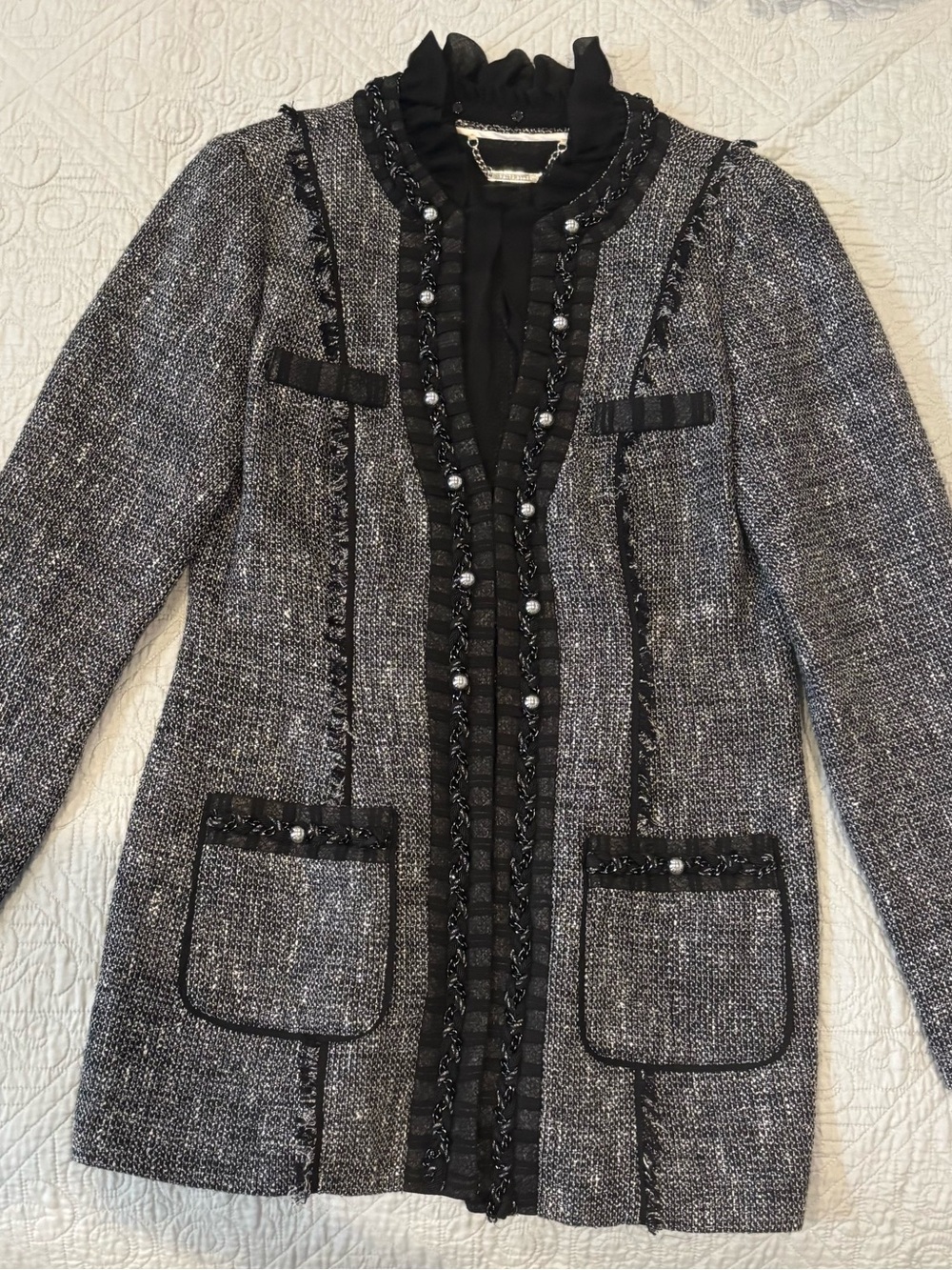 White House Black Market Black and Gray Tweed Blazer with Embellished Trim